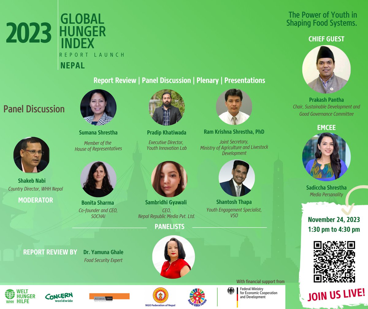 Join us tomorrow for the #GHI2023 Global Hunger Index Report Launch in Nepal. Click the link below and watch it all live tomorrow at 1:30 p.m. (NPL time). See you!
us06web.zoom.us/j/81030730027...
Meeting ID: 810 3073 0027
Passcode: GHI