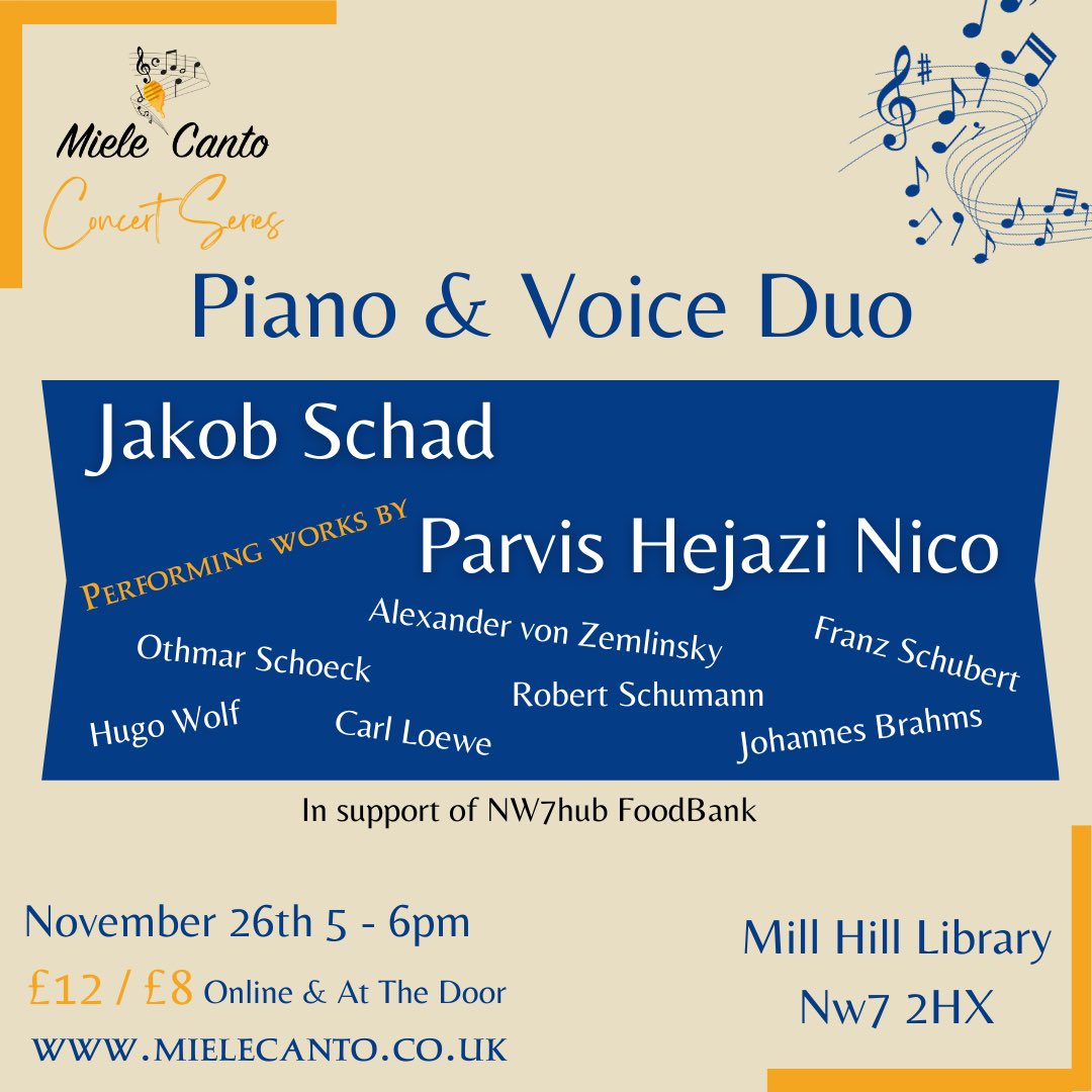 We can’t wait to welcome these two exceptional musicians to our concert series on Sunday. 
#music #concert #series #piano #voice #bass #baritone #german #lieder #artsong #artist #platform #millhill #library #sunday 

mielecanto.co.uk