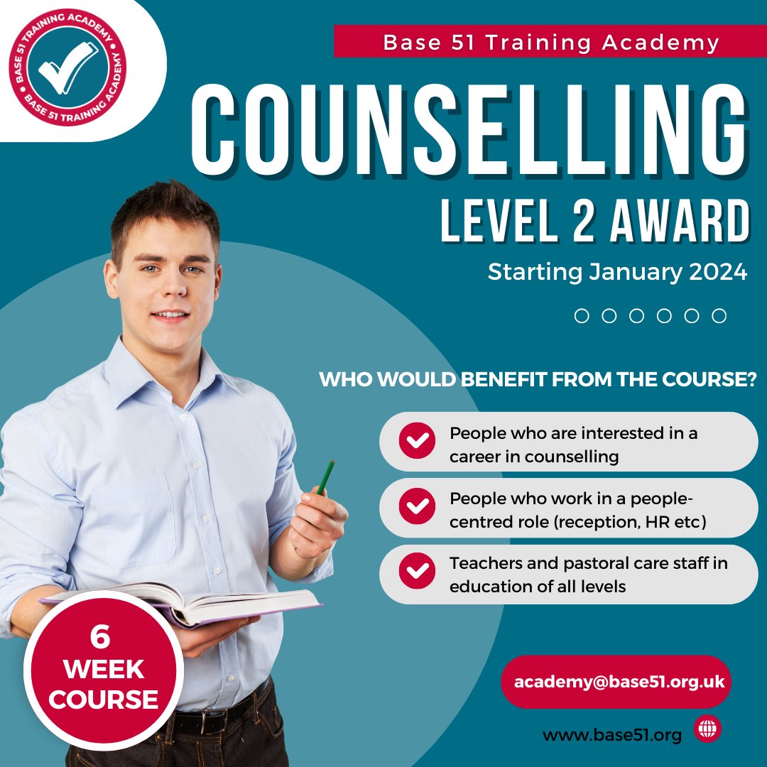 Starting January 2024 - Counselling Level 2 Award

Email academy@base51.org.uk for further information.

2024 introductory discount for Jan 2024 cohort.

#Training #Nottingham #Nottinghamshire #Eastmidlands #TrainingCourse #Counselling #CounsellingCourse #counsellingskills