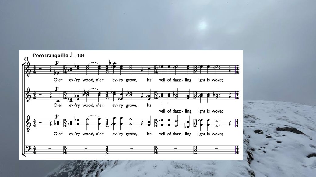 A swirling snow-flurry of a premiere: The Snow, words by 14th-century Welsh master poet Dafydd ap Gwilym, sung @McrChamberChoir, directed by Vicente Chavarria, concerts @ChristChurchWD 25 Nov 7.30pm & @bridgewaterhall 5 Dec 1.10pm. Published @ComposersEd Image: Pen yr Helgi Du