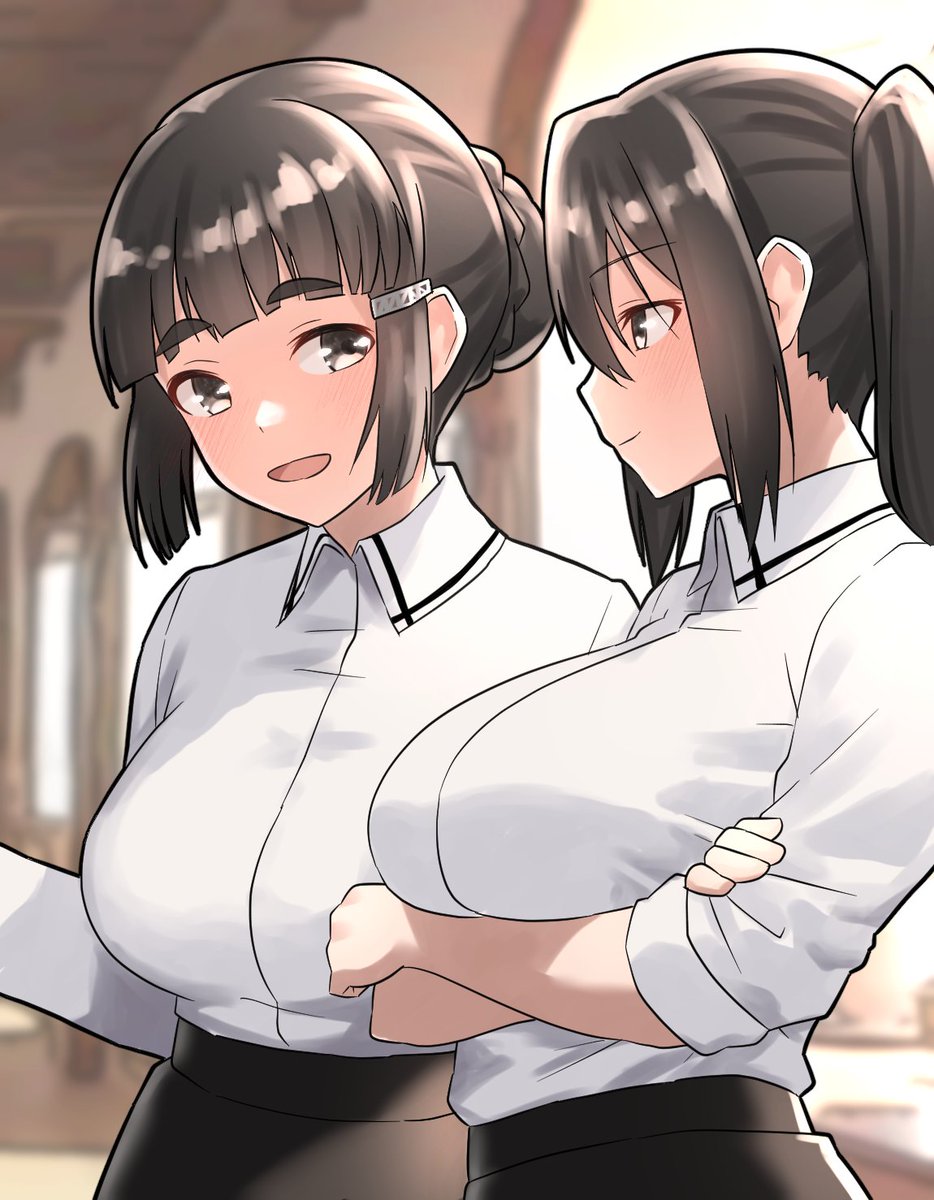 myoukou (kancolle) ,nachi (kancolle) multiple girls 2girls braided bun side ponytail shirt black hair skirt  illustration images