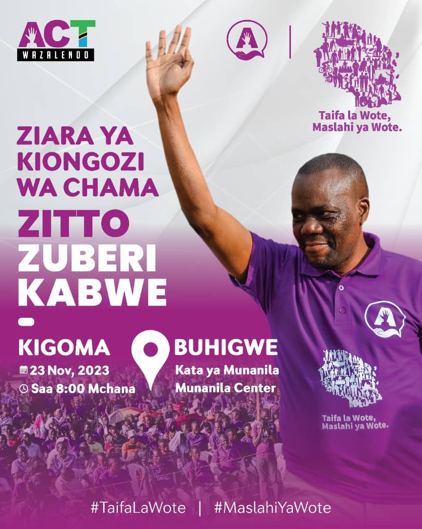 Ziara ya Kiongozi wa <a href="/ACTwazalendo/">ACTWazalendo</a>, Ndugu <a href="/zittokabwe/">Zitto MwamiRuyagwa Kabwe</a> katika Majimbo ya Mkoa wa Kigoma inaendelea. Leo yuko Jimbo la Buhigwe. Atafanya kikao cha ndani na viongozi wa ACT wa matawi na kata zote za jimbo hilo. Kisha saa nane mchana atafanya mkutano hadhara Munanila Center.