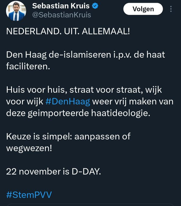 drjhamsterdam's tweet photo. Geert Wilders is milder.
Hier zien we hem net zijn voorlichter Sebastian Kruis die moslims huis voor huis, straat voor straat, wijk voor wijk uit hun huis wil jagen.
Als hij dat over Joden zou schrijven zou hij terecht een nazi  en antisemiet worden genoemd. https://t.co/MC0XX9Ttqj