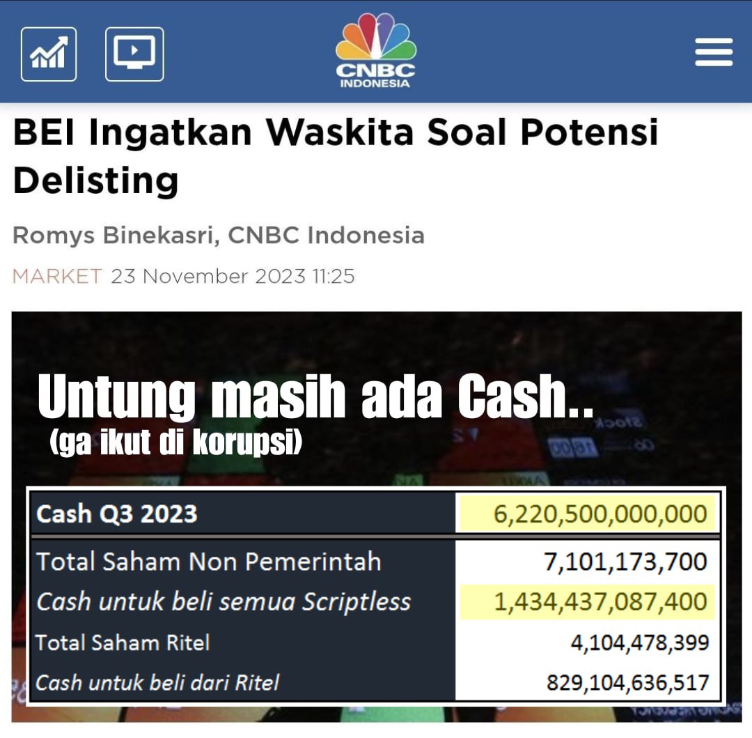 HumanWow72101's tweet photo. Jika harus menebus seluruh saham (selain Pemerintah) di harga sekarang, mereka butuh sekitar Rp 1,4 triliun, yang mana ini sekitar 25% dari total cash Q3 2023 lalu.

Jadi kalaupun harus Delisting, ya masih ada lah sedikit jaminan buat kembalinya duit pembeli mimpi Nilai Kontrak https://t.co/BidC77mQmr