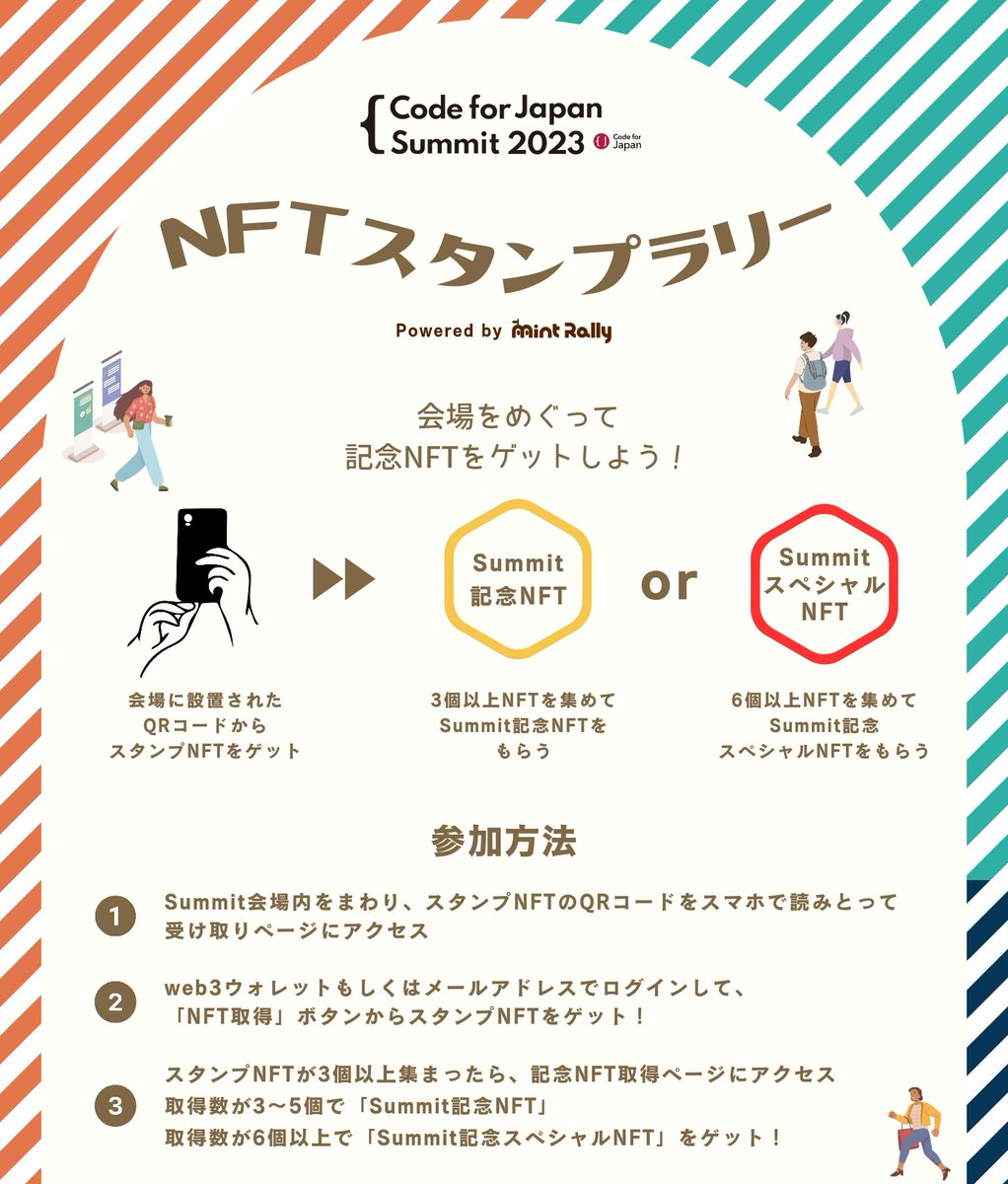 今週土曜日はCode for Japan Summitです！面白そうなセッションやワークショップがたくさんあるので、予定の合う方はぜひお越しください🚶
MintRallyを使ったNFTスタンプラリーも体験できますよ👀
webサイト:  summit2023.code4japan.org