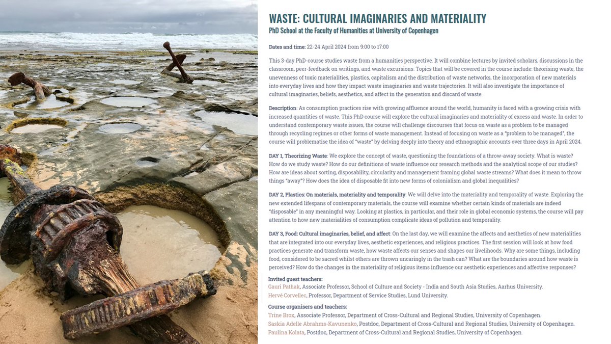 ccbs_studies's tweet photo. PhD-course studying waste from a humanities perspective!
WASTE: CULTURAL IMAGINARIES AND MATERIALITY
Place: Uni. Copenhagen
Time: 22-24 April 2024 
Registration: Please register via the link in the box no later than 1 February 2024: https://t.co/d7lPd4BLX4
#Waste #Buddhism https://t.co/38jjV4zocf