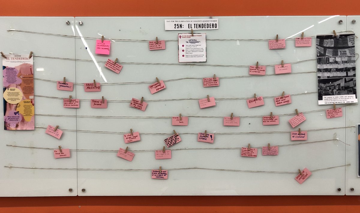 UoYCWS's tweet photo. For International Day for the Elimination of Violence Against Women (25/11), the Centre for Women's Studies invites you to participate in the reproduction of Monica Mayer's artivistic installation "El tendedero" (The Clothesline) in LMB Atrium until Tuesday 28/11. https://t.co/wfInXrvxVT