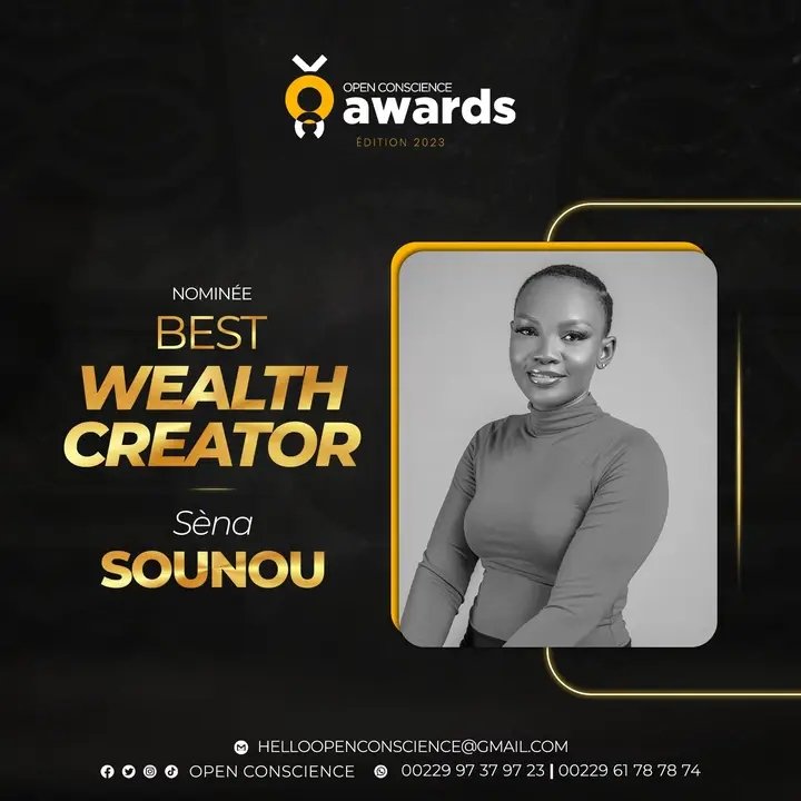 Elle, c’est Sena SOUNOU. Elle est nominée dans la catégorie BEST WEALTH CREATOR aux Open Conscience Awards 2023.

Si vous faites partie de sa communauté ou appréciez son travail, donnez-lui de la force 🔥

#openconscienceawards
#bestwealthcreator2023