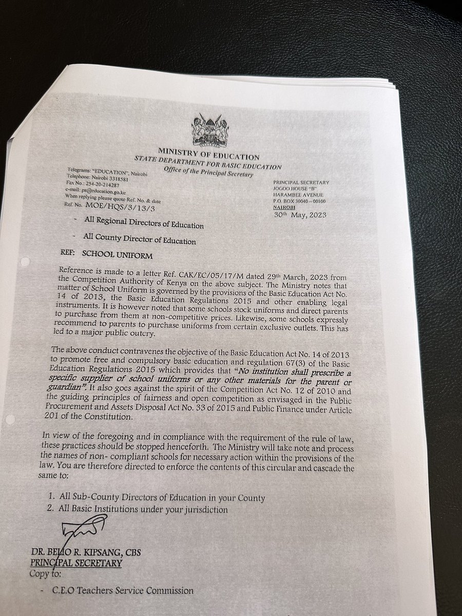 Dear All parents It’s Now official no Head teacher should force you to buy uniform from specific supplier or outlets and schools should not STOCK or prescribe uniforms . These practices should be stopped henceforth. Here is the Official communication. Woman for the job