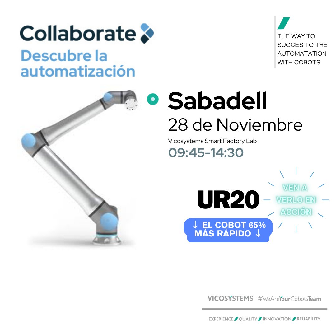 ¡Quedan pocos días para el #CollaborateTour en #Sabadell! No pierdas la oportunidad de conocer las novedades en soluciones de Robótica Colaborativa de la mano de <a href="/UR_Iberia/">Universal Robots ES</a>. Te esperamos el 28/11, inscríbete gratuitamente y reserva tu plaza: eventbrite.es/e/entradas-col…