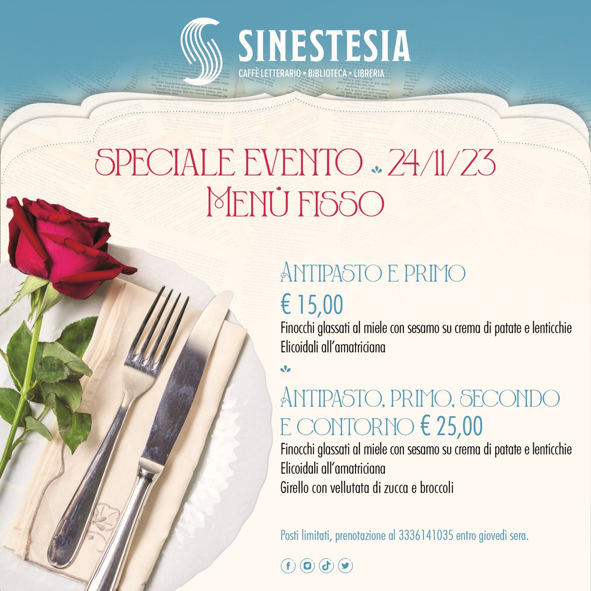 Iniziano gli eventi di #Sinestesia con la presentazione di
PER UN CLIMA DI PACE: LA "LAUDATE DEUM"  TRA PACE, GIUSTIZIA SOCIALE E AMBIENTALE di Papa Francesco.
Libro già disponibile nella Libreria di Sinestesia.
Su prenotazione è possibile cenare, dopo la presentazione.