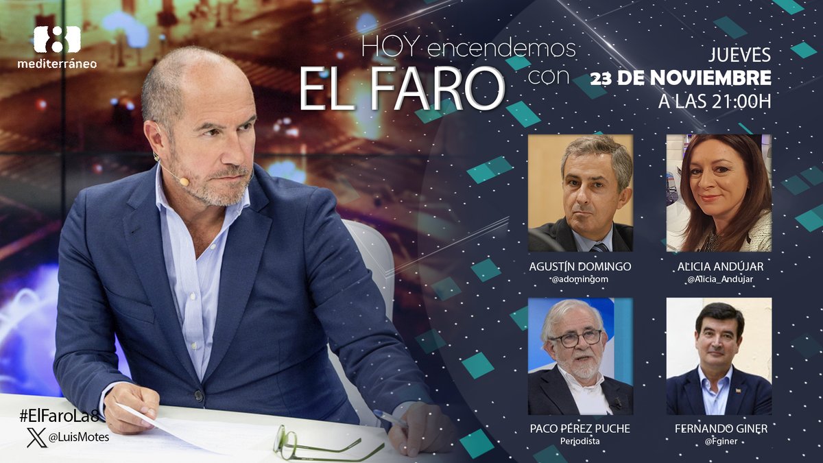 🔵 Esta noche <a href="/LuisMotes/">luismotes</a> enciende #ElFaroLa8 con: 

➡️ <a href="/adomingom/">Agustin Domingo</a> 
➡️ <a href="/Alicia_Andujar/">Alicia Andújar</a> 
➡️ Paco Pérez Puche
➡️ <a href="/Fginer/">Fernando Giner 🇪🇸</a> 

Sigue el programa a partir de las 21:00h en tu 📺 y a través de tu 📱 o 💻en laocho.tv🔵