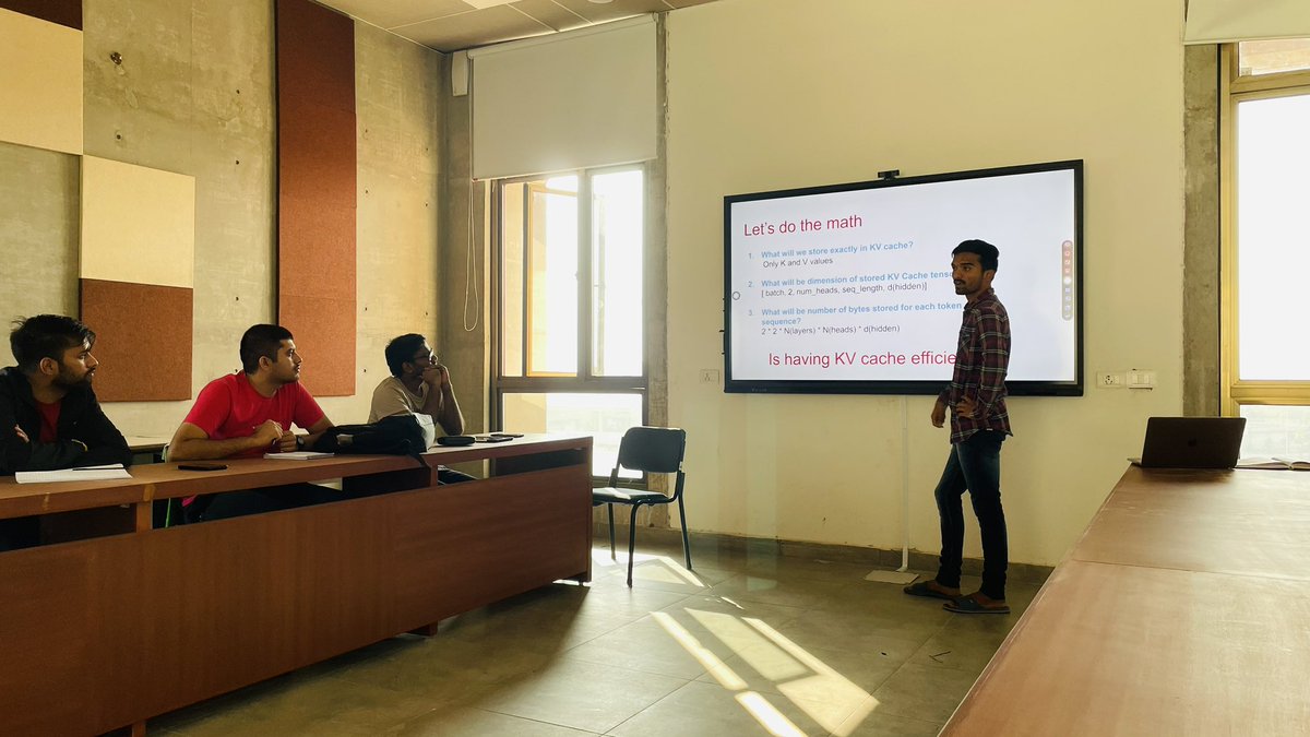 #ReadingGroup at @lingoiitgn! 📚

Shridhar Pawar presented on #Transformer #Inference #Arithmetic in our weekly ready group today! 🤖

He discussed on KV Cache, Capacity, and model parallelism. 🤯

@iitgn @cse_iitgn