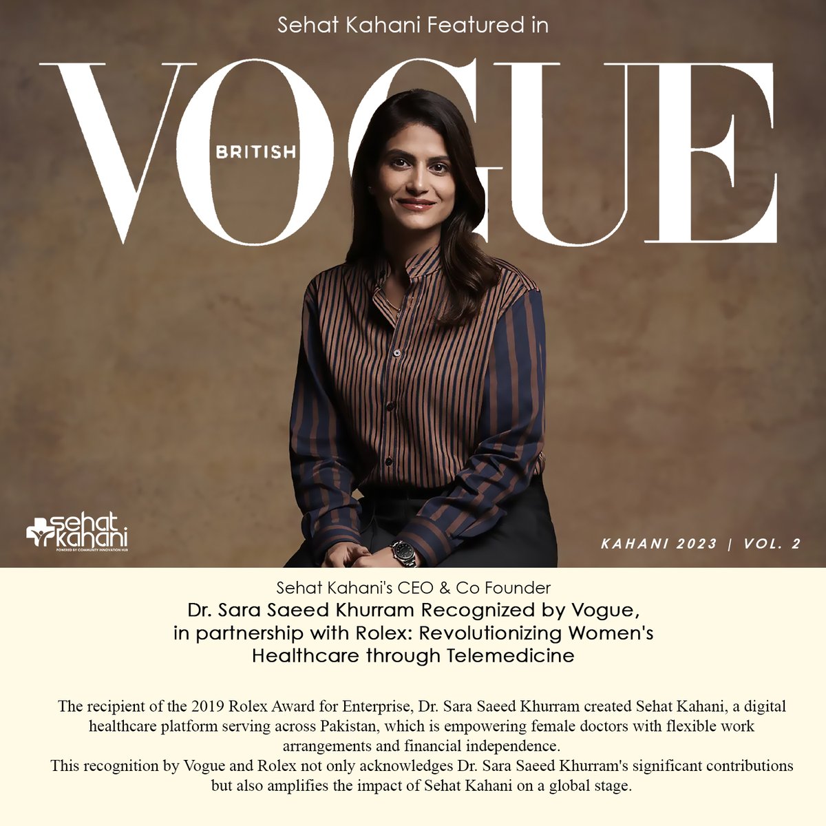 SehatKahani's tweet photo. Dr. @SaraSKhurram CEO & Co-Founder Sehat Kahani, shines in a distinguished feature by British @voguemagazine and @ROLEX UK! 🌟
Find out more here: https://t.co/PYctTK8ZVy
#PerpetualPlanet #PlanetHope #HealthcareInnovation #SehatKahani #RolexEnterpriseAward #HealthcareForAll https://t.co/fV73Lf1Dmr