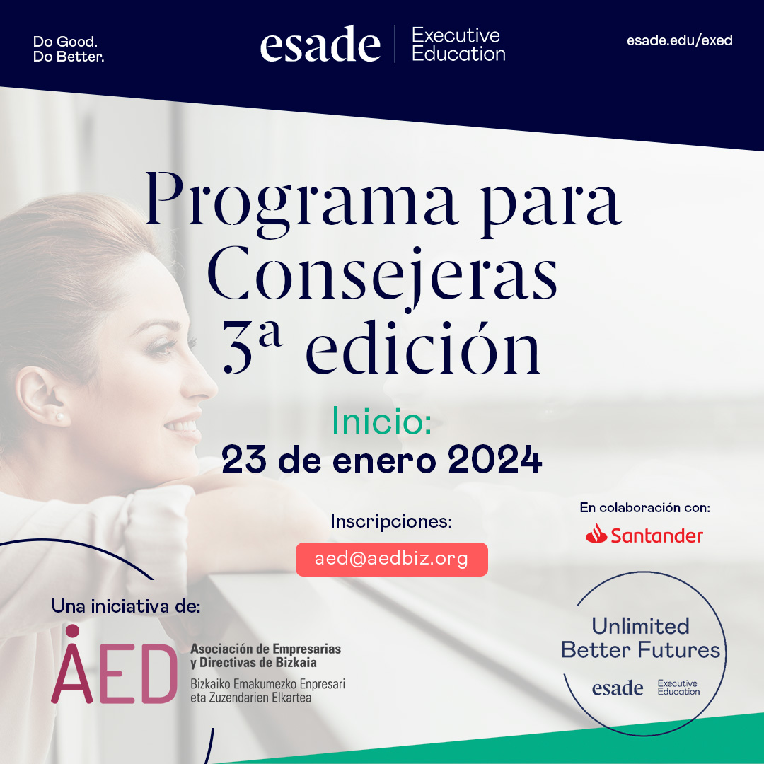 🌟 Potencia tu liderazgo como consejera con el III Programa de AED, junto a ESADE y apoyo de Banco Santander. Descuentos exclusivos para asociadas. ¡Plazas limitadas, contáctanos ya! 💼✨
.
.
.
#LiderazgoFemenino #GobiernoCorporativo"