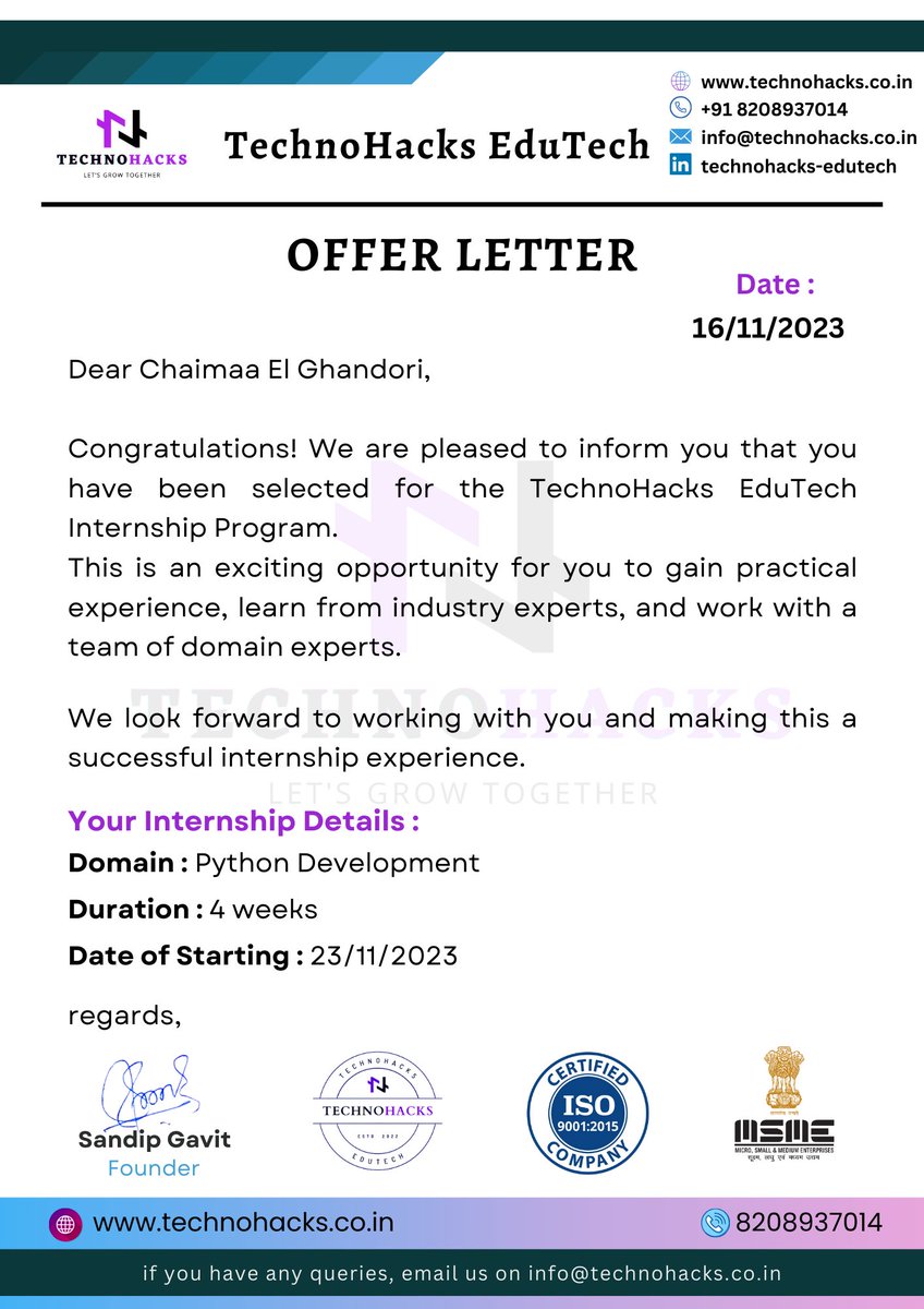 GhandoriEl's tweet image. 🎉 Exciting News! Thrilled to start my journey as a Python Developer Intern at @technohacksedu , I am grateful for the opportunity and excited for the challenges ahead. Let&apos;s do this! 🚀 

#pythonprogramming  #PythonForLife