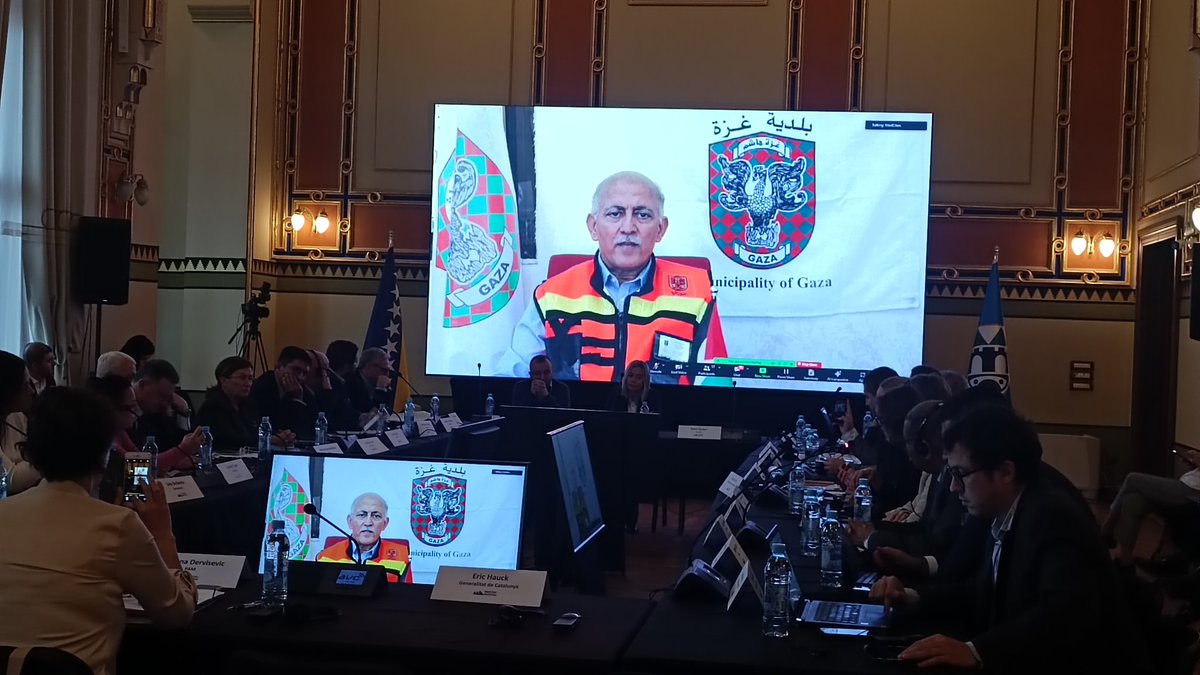 MedCities's tweet photo. The Mayor of #Gaza also sent a message that we listened with  attention and concern. Members showed their solidarity with Gaza population and called for effective action by governments to stop the suffering of the civilian population https://t.co/UxoCizz5IN
