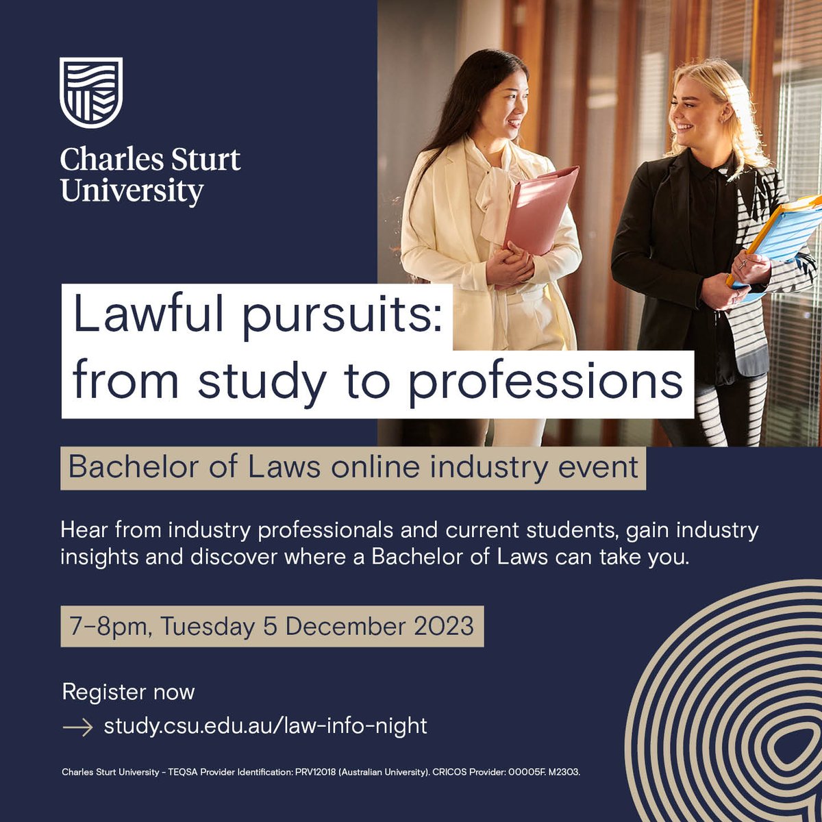 CharlesSturtUni's tweet photo. 💼 Join industry professionals and meet current #CharlesSturtUni law students as we discuss the skills and knowledge you need to kick-start your law degree in this free online event.

📆 Tuesday 5 December, 7pm

Register your interest ➡️ https://t.co/uw5z9bibm3 https://t.co/iE4aluRewm