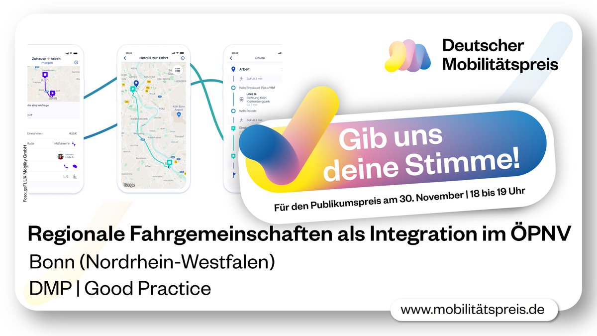 Wir sind im #Finale des <a href="/DMP_innovativ/">Deutscher Mobilitätspreis</a>, juhu🥰! Heute wirds nochmal spannend: Die Jury entscheidet, wer von den letzten 3 Bewerbenden in der Kategorie "Good Practice" gewinnt. Verliehen wird der #Preis am 30.11. vom @bmdv <a href="/Wissing/">Volker Wissing</a> 🎉 #ausmivwirdöpnv #Fahrgemeinschaften im #ÖPNV