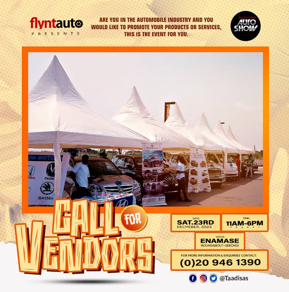 TaadiSAS's tweet photo. Are you a player in the automobile industry and would like to promote your products or services , this is the event for you. 

🚘🏍️ TaadiSAS 23
🗓️ 23rd December, 23
📍Enamase Roundabout- Sekondi 
⏰ 11am - 6pm

Get in touch ☎️ on 0209461390 

Be there #TaadiSAS23 #Autoevents https://t.co/4e0a2GHaPU