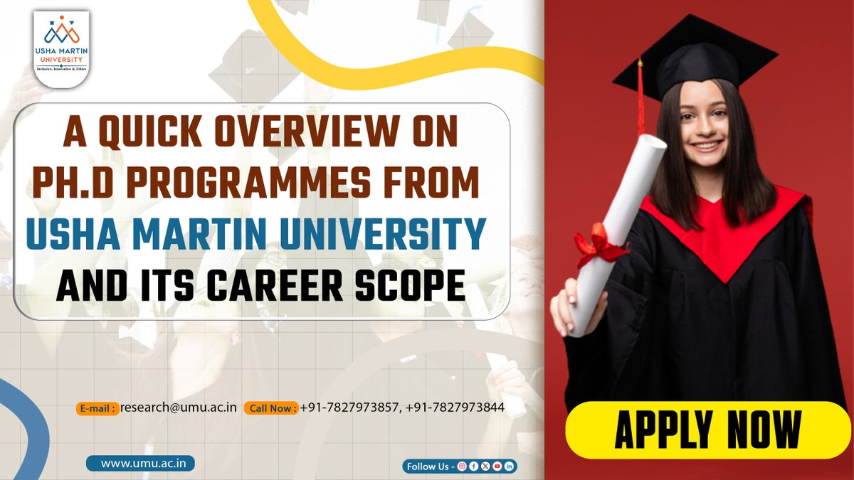 digitalrajnegi's tweet image. A Quick overview on Ph.D Programmes from Usha Martin University and its career scope.
Click Here: tinyurl.com/55ka5cm5
#umujharkhand #phdadmission #researchprogrammes #phdcourse