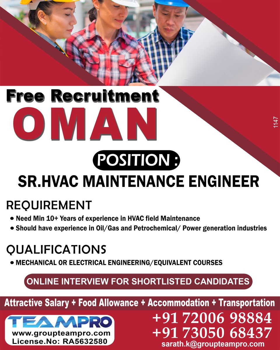 #oman #omanjobs #urgent #recruitment #Directinterview #hvacengineer #engineer #engineerjobs #maintenance #requirement #Chennai #Direct #Immediate #Joiners #freejobs #jobalert #findjob #trending #viral #omanprojects