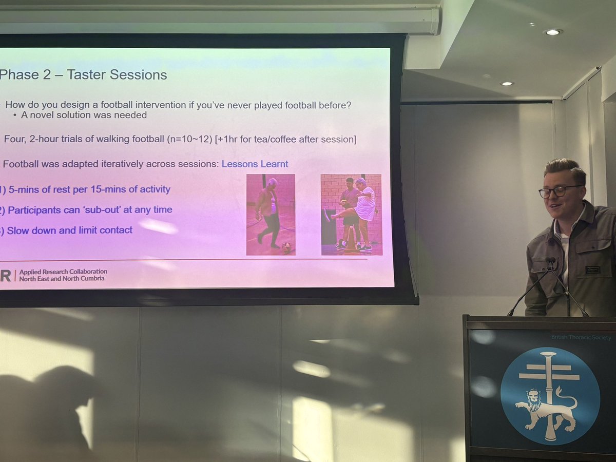 #BTSWinter2023 @Cal_Bradford98 presenting Co design of #walkingfootball for people with #chronicbreathlessness (including #copd). Great presentation and lots of interest from the crowd! @SamHarry_lung @hsciResearch