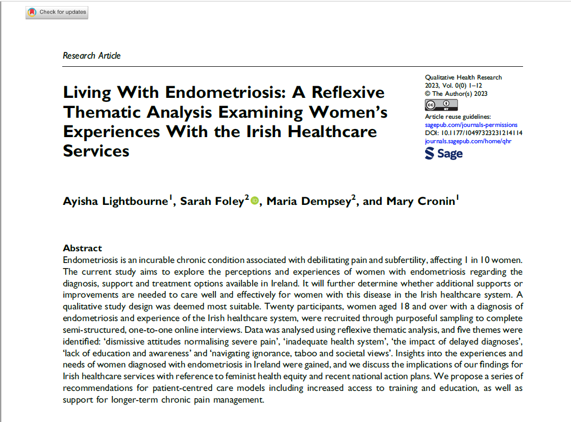 Women with endometriosis in Ireland are faced with delayed diagnosis, dismissal of symptoms and restricted treatment options when seeking care. Our qualitative research examining this experience is now available in Qualitative Health Research tinyurl.com/y3n7mx88