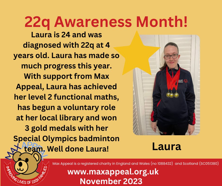 MaxAppealUK's tweet photo. 22q Awareness month. Say "Hi" to Laura, who is 24. She has won 3 gold medals with her special Olympics badminton team. Well done Laura! #maxappeal #22qcando #22q https://t.co/4ugD7fXFPc