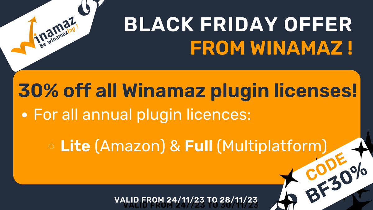 🤩30% off all <a href="/winamaz4wp/">Winamaz : Be Winamazing !</a> plugin licenses this #BlackFriday2023 - 🚀 buy a new license or renew in advance to benefit from the offer - 😍 valid 24/11/23-28/11/23  👉winamaz.com/en/prices/ #Bewinamazing #affiliatemarketing #BEREADY