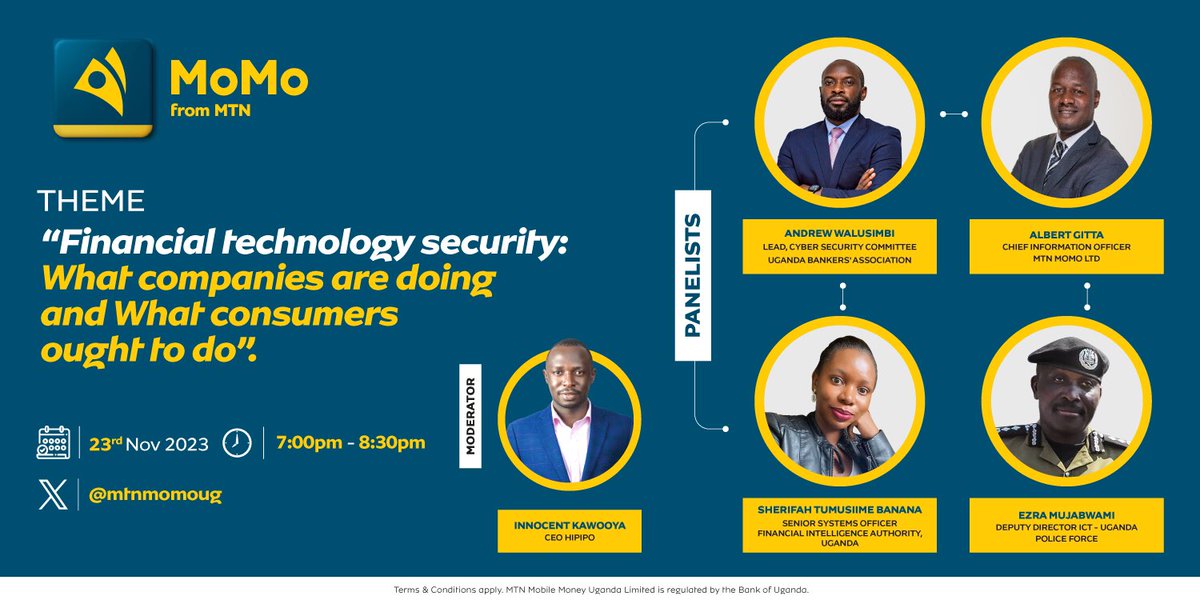 An X space about #MTNMoMo under the theme “Financial technology Security” is happening today. Catch it on @mtnmomoug at 7.00pm to 8.30pm moderated by @KawooyaInnocent. #MTNMoMo #TogetherWeAreUnstoppable