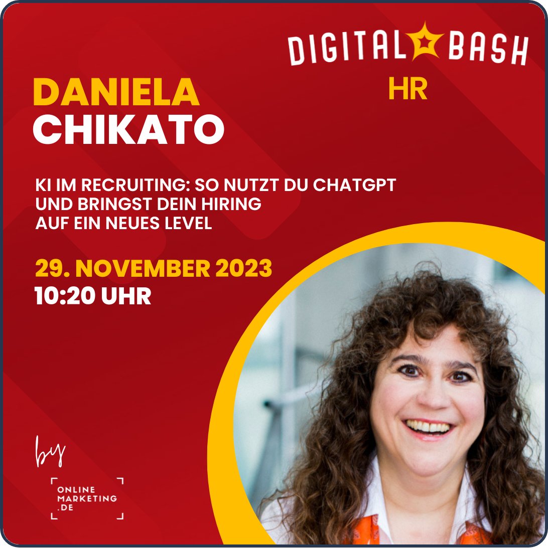 🎙️ Keynote-Alert 😊   

"KI im Recruiting: So nutzt Du ChatGPT und bringst Dein Hiring auf ein neues Level."

Kommst Du auch zum Digital Bash – HR am 29. November?
👉 digital-bash.de/event/hr-novem…

#KI #ChatGPT #Recuiting #HR