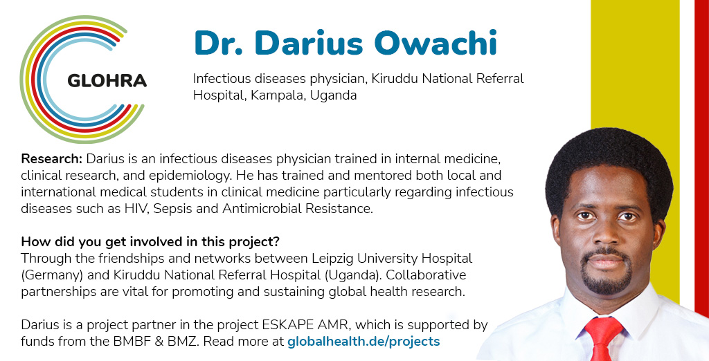 #MeetOurPartner Darius Owachi @DrDariusOwachi, who is a team lead on the ESKAPE AMR project at @kirudduNRH in Uganda👋 ℹ globalhealth.de/strengthening-…