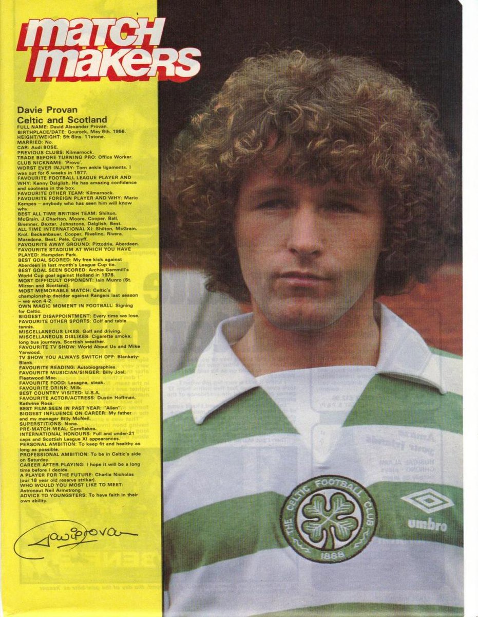 “The Rangers thing is gone for me. There is no part of me now that  wishes I had played at Ibrox. It was my up-bringing and it was ingrained  into me but I wouldn’t swap my Celtic career for anything.”
Davie Provan

thecelticwiki.com/provan-davie/