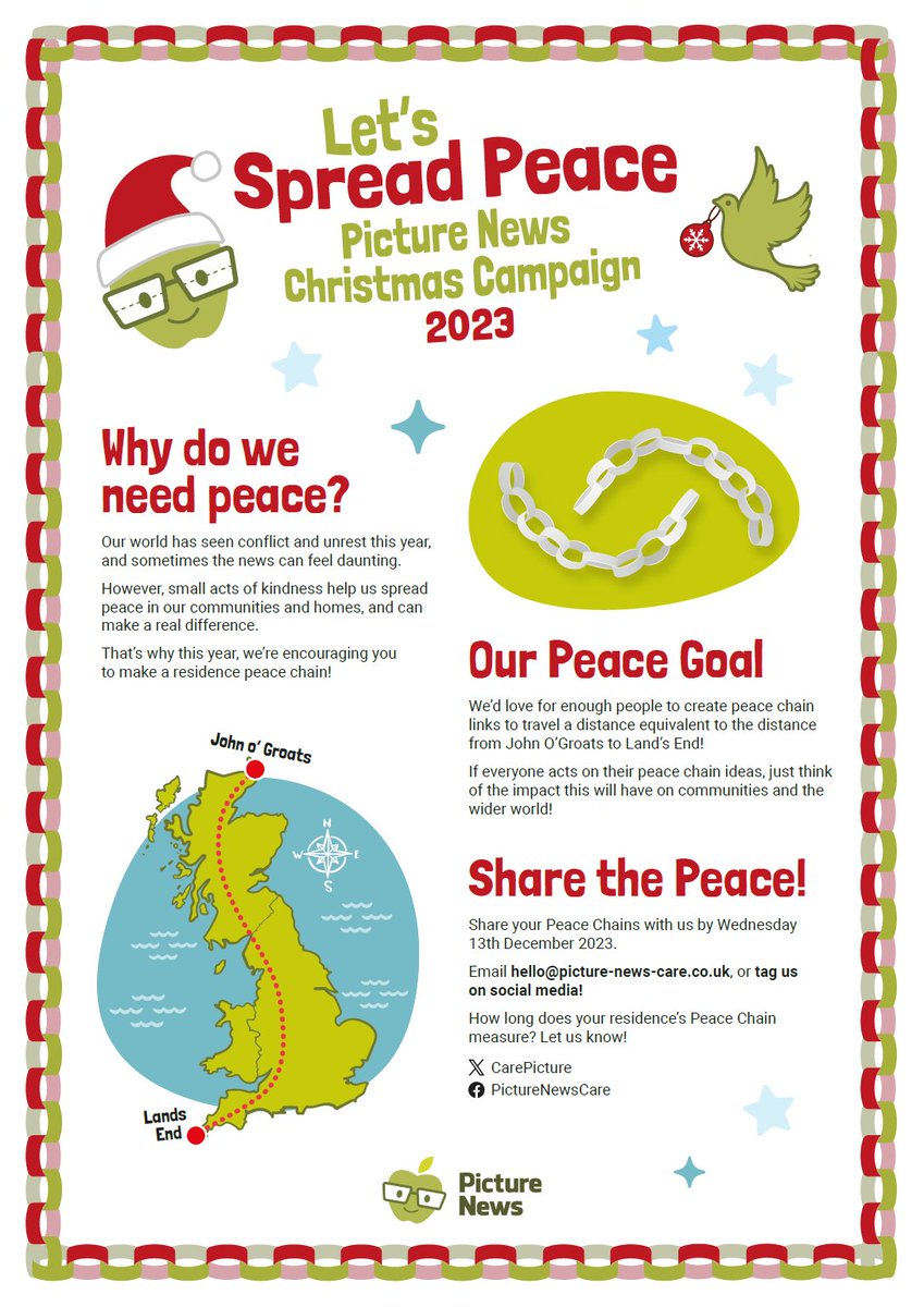 CarePicture's tweet photo. The Picture News Care Campaign for 2023 is here... Let's Spread Peace ⭐️ 

This year, we'd love for care home residents to create their own paper chains, filled with ways we can all spread peace! 

Campaign details &amp; template here 👉https://t.co/WfjKhRZldV

#carehome #care https://t.co/SuuMx3xUKi