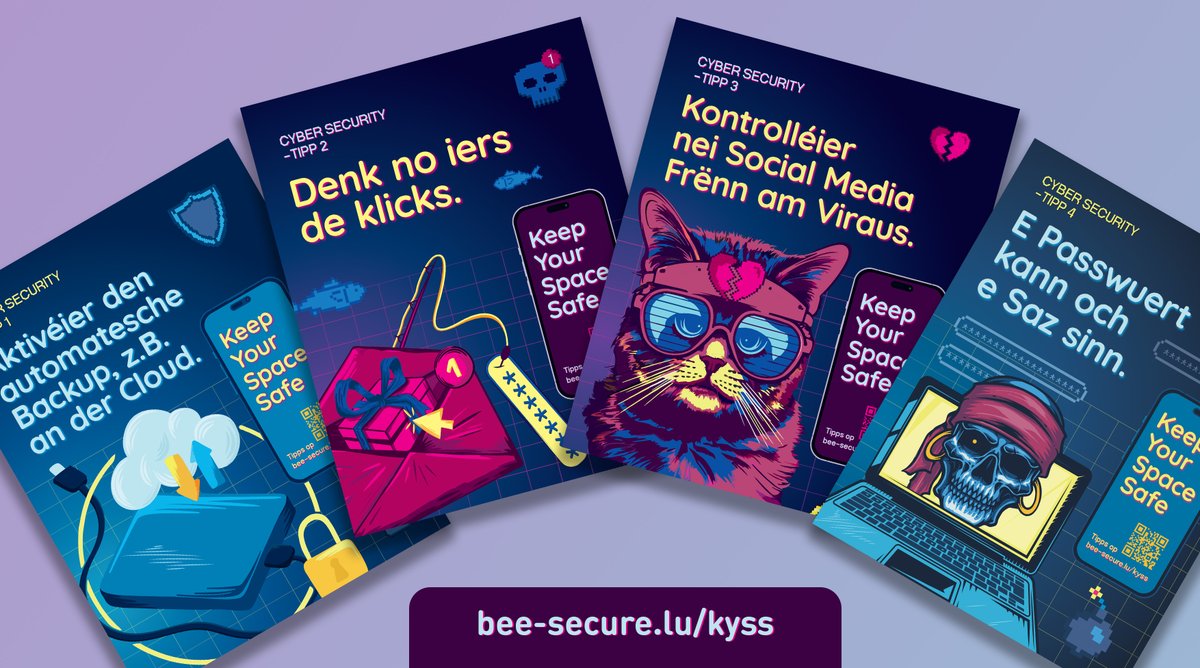 📢 Discover our new 'Keep your Space Safe' campaign with some lifehacks about #cybersecurity basics, #phishing, #sextortion, #catfishing and #hacking. ℹ️ bee-secure.lu/kyss 🤩⤵️