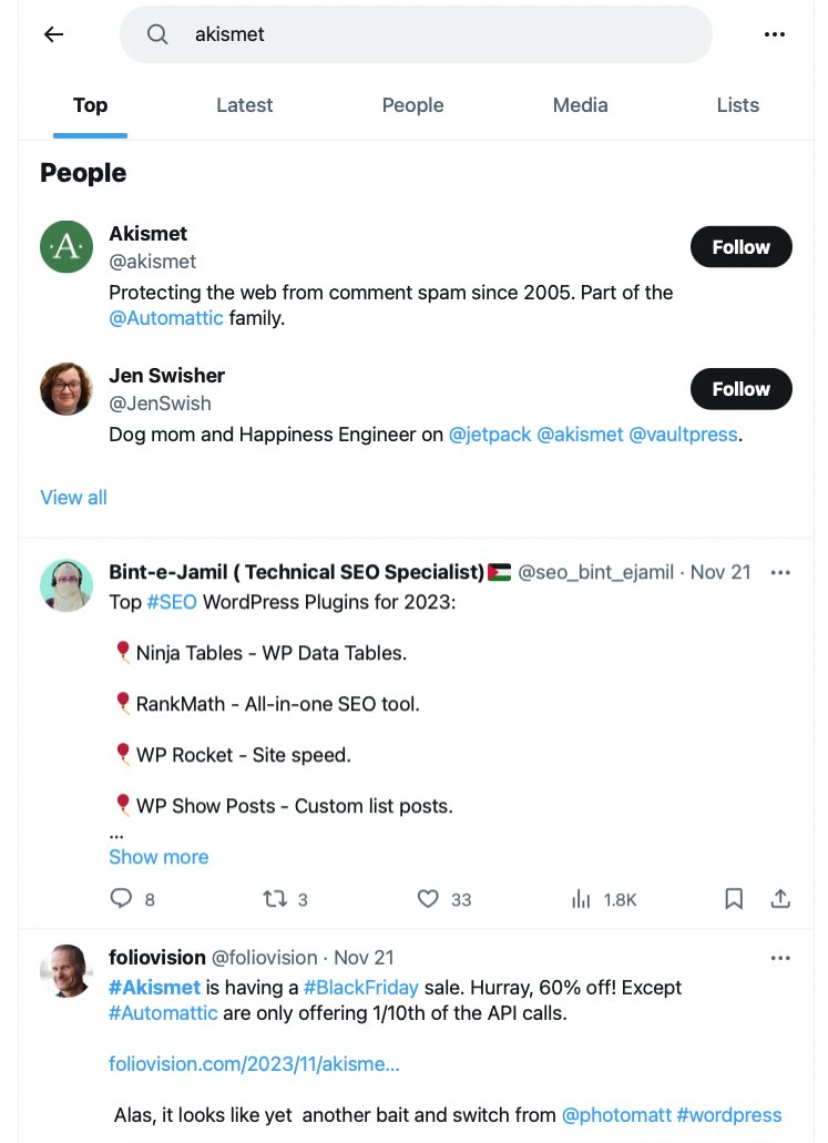 #Akismet really doesn't have much mindshare in 2023. Even when #Automattic run a 65% off sale, Akismet doesn't get any love or attention on Twitter. Astonishing.

foliovision.com/2023/11/akisme…

Once Akismet had the potential to be a central utility of the internet.