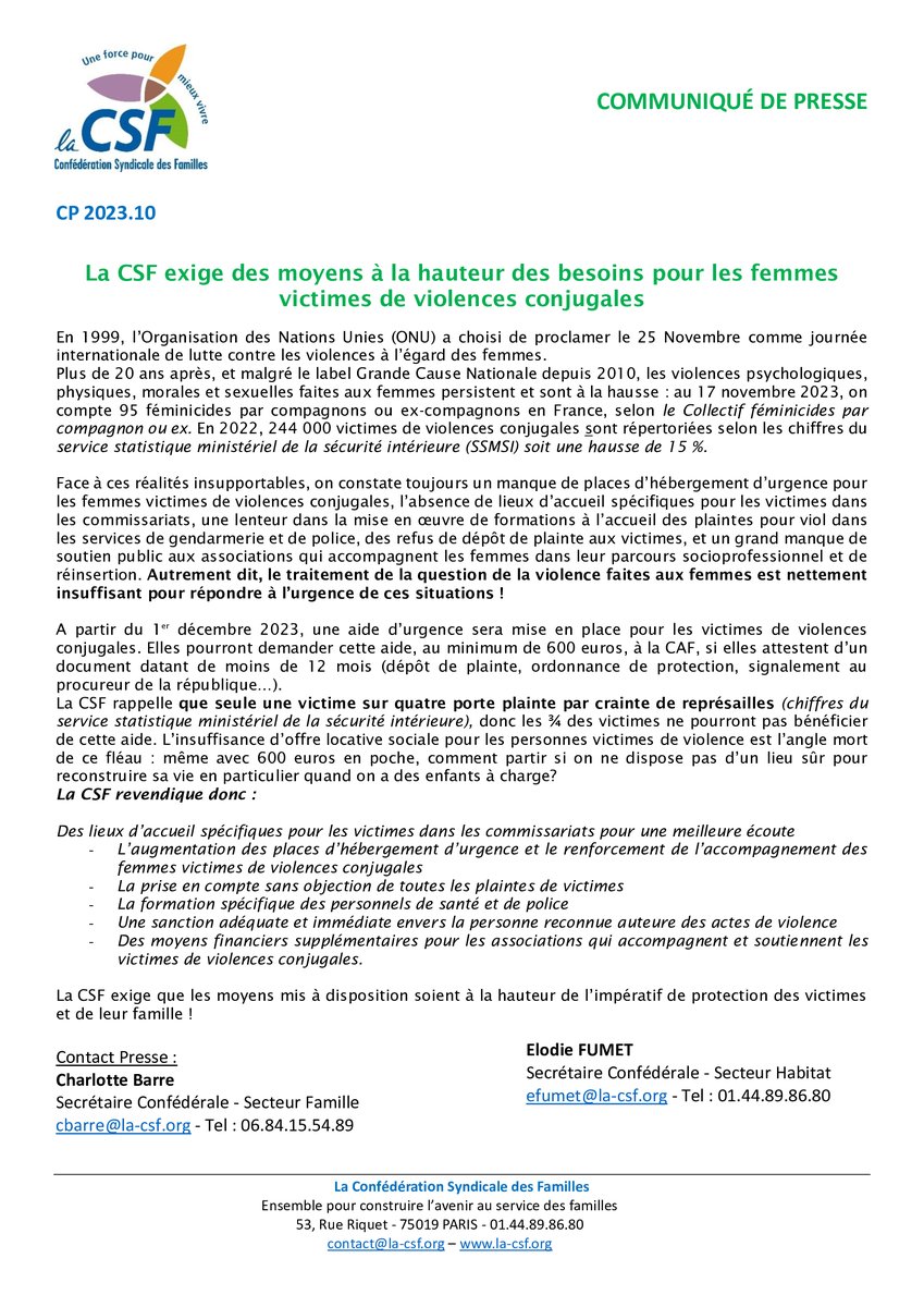 📷Droit des femmes📷📷📷
Le 25 novembre 2023 se tiendra la journée internationale de lutte contre les violences à l'égard des femmes. 📷Découvrez le communiqué de presse de la CSF
#violencesauxfemmes