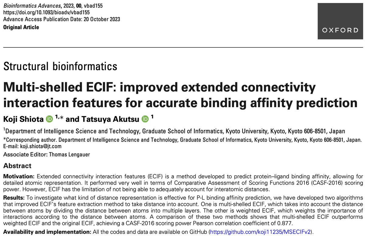 BioinfoAdv's tweet photo. Multi-shelled ECIF: improved extended connectivity interaction features for accurate binding affinity prediction by Koji Shiota & Tatsuya Akutsu https://t.co/CMWLRDXPmd #Bioinformatics #Research #BindingAffinity https://t.co/E8zqiBZ7Iq