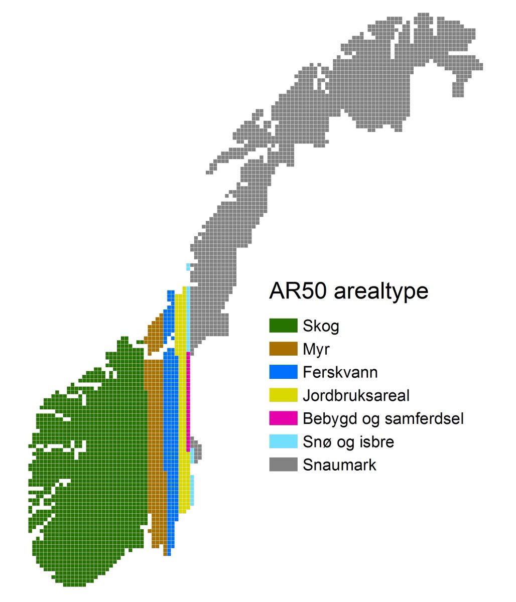 Mellomting mellom kart, stolpediagram og sektordiagram? Kartet viser fordelingen av arealtyper i Norge (AR50), men «gruppert».