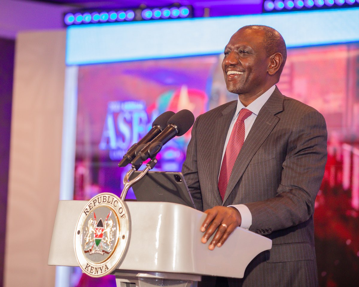 NSE_PLC's tweet photo. Stock exchanges play a significant role in mobilizing resources- if harnessed they can be the engine to transform Africa into a global economic powerhouse-  His Excellency Dr. @WilliamsRuto at the #ASEAConference2023 https://t.co/AJS75SwESG