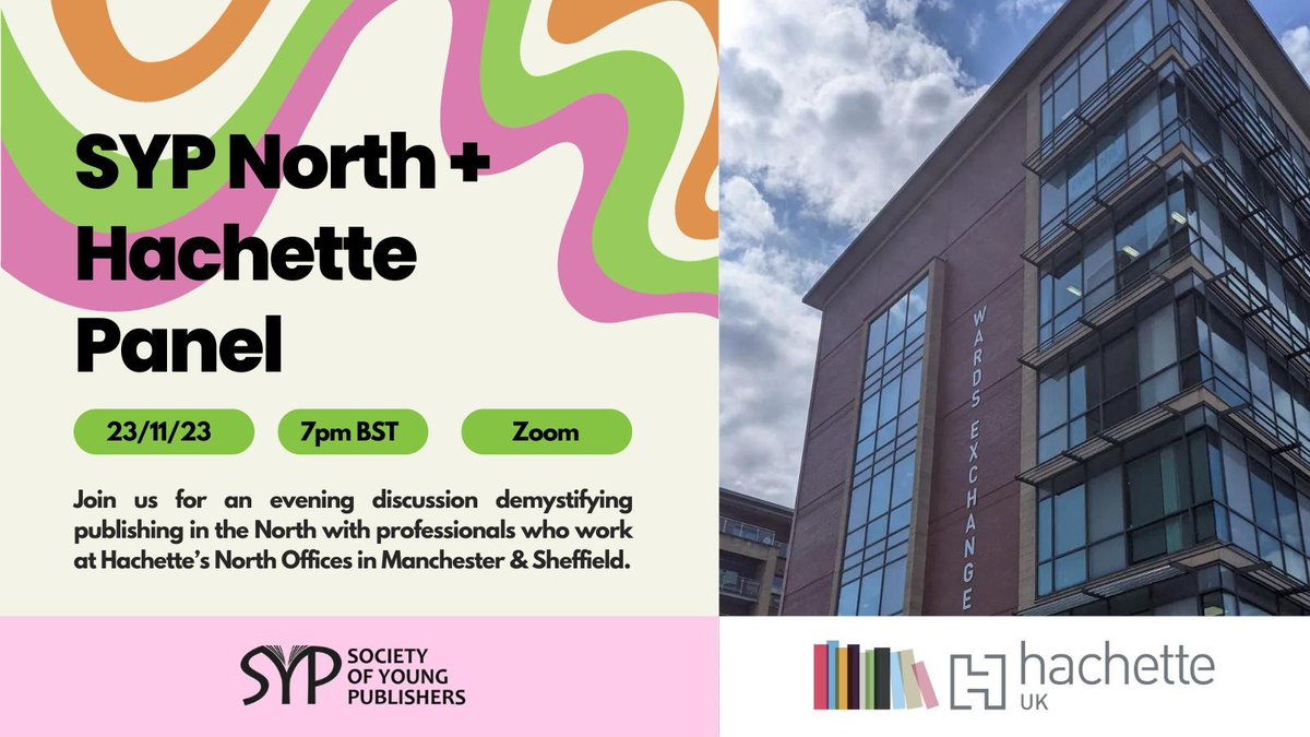 Good morning! ⛅️ A reminder that our SYP NORTH + HACHETTE Webinar will be happening at 7pm this evening on Zoom.

We'll lift the curtain on what it's like to work for one of the "big 5" in a Northern office &amp;  have a representative chat on the book industry outside of London.