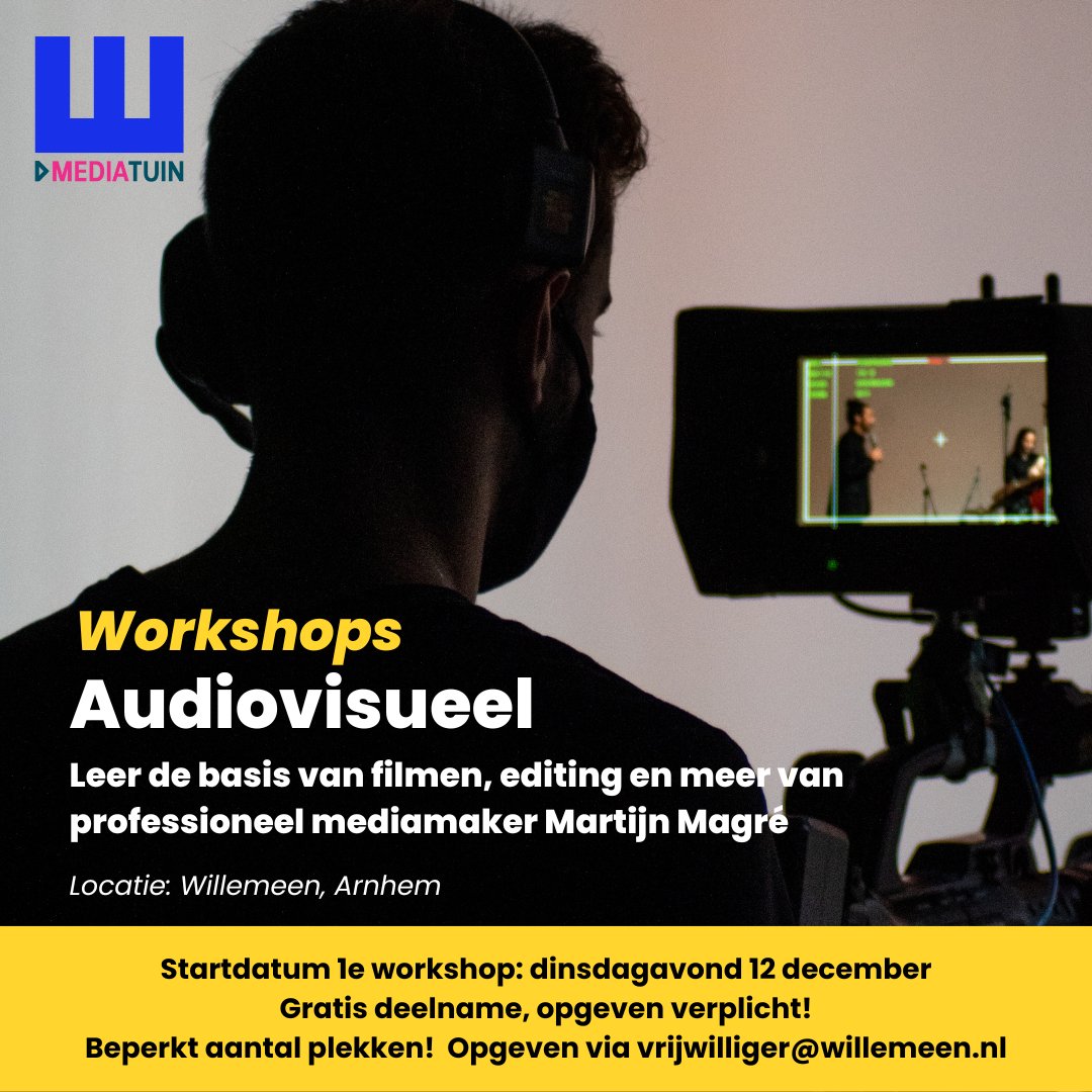 Op 12 december start er een nieuwe reeks gratis te volgen workshops vanuit de Mediatuin van Willemeen in #Arnhem. Deze workshops staan geheel in het teken van audiovisueel: dus filmen, editen en alles wat daarbij komt kijken! Opgeven kan tot 6 december.