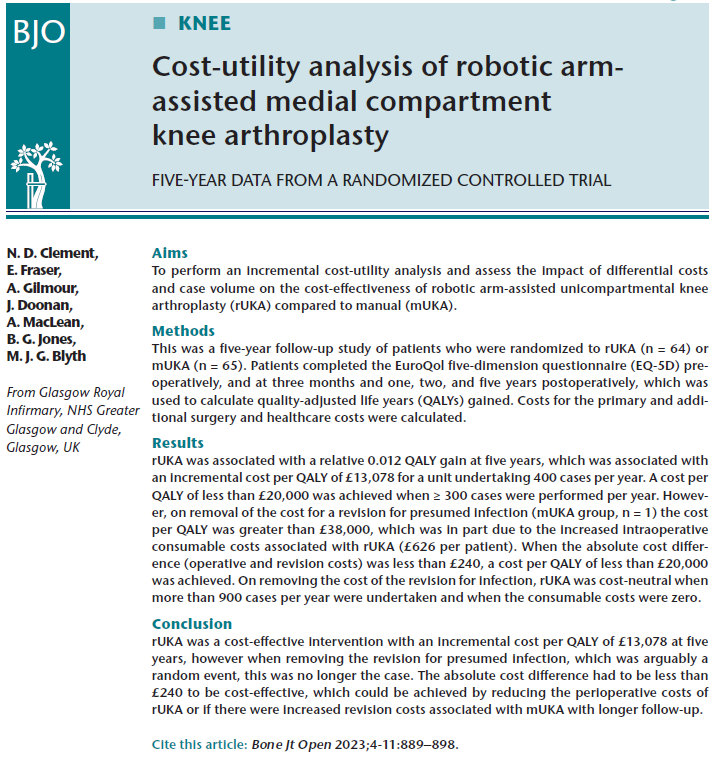 DoonanJames's tweet photo. New open access paper from @GriOrtho in @BoneJointOpen on the cost-utility of robotic-arm assisted UKAs compared to conventional UKA at 5-year follow-up. Read it here https://t.co/cH9adAyqh3 https://t.co/pPQjlX5xSr