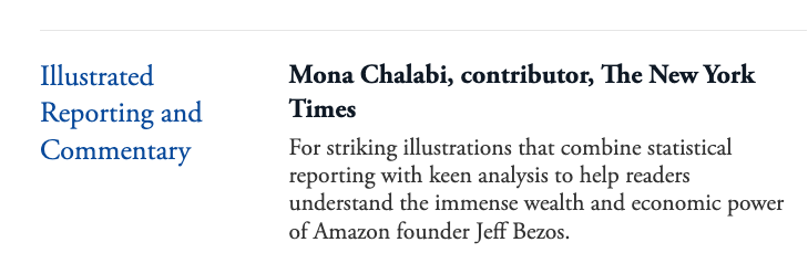 An average Amazon employee would have to work 4.5m years to get as rich as Jeff Bezos. One of @MonaChalabi's illustrations which won her a Pulitzer. @lionelbarber & I talk to her on Media Confidential @mediaconfpod . Wherever you get your podcasts