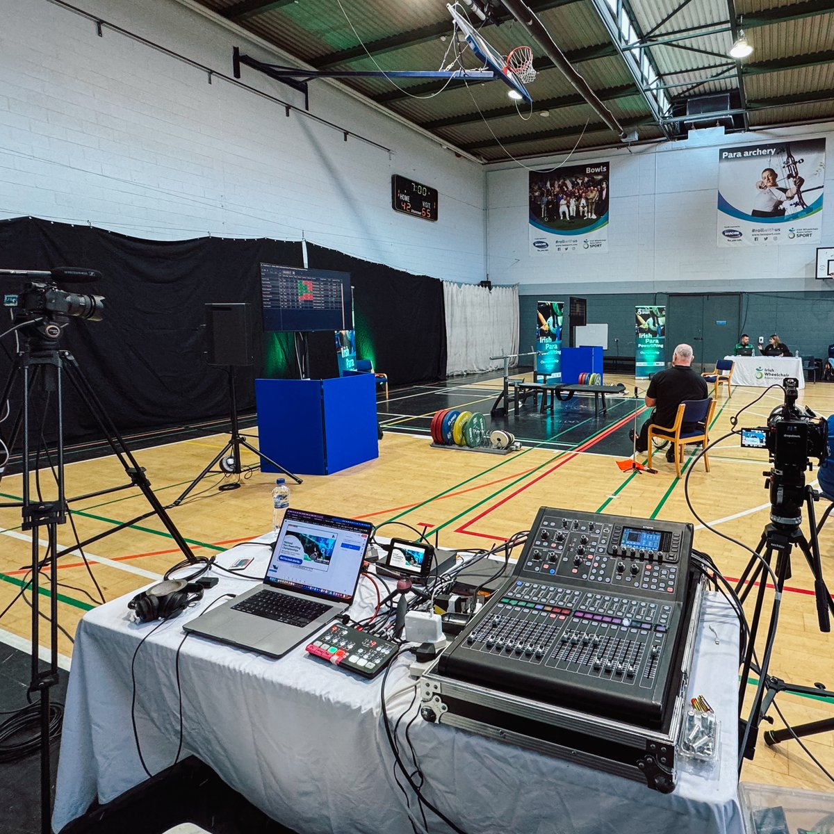 DropdownMediaIE's tweet photo. Our multi-camera live stream broadcast setup for The National Para Powerlifting Championships. We also provided separate audio mixes for both in-venue &amp; online. Watch the stream here:  https://t.co/S5YuVpE7Ms
#livestream #LiveBroadcast #audiovisual https://t.co/31dHoA4crT