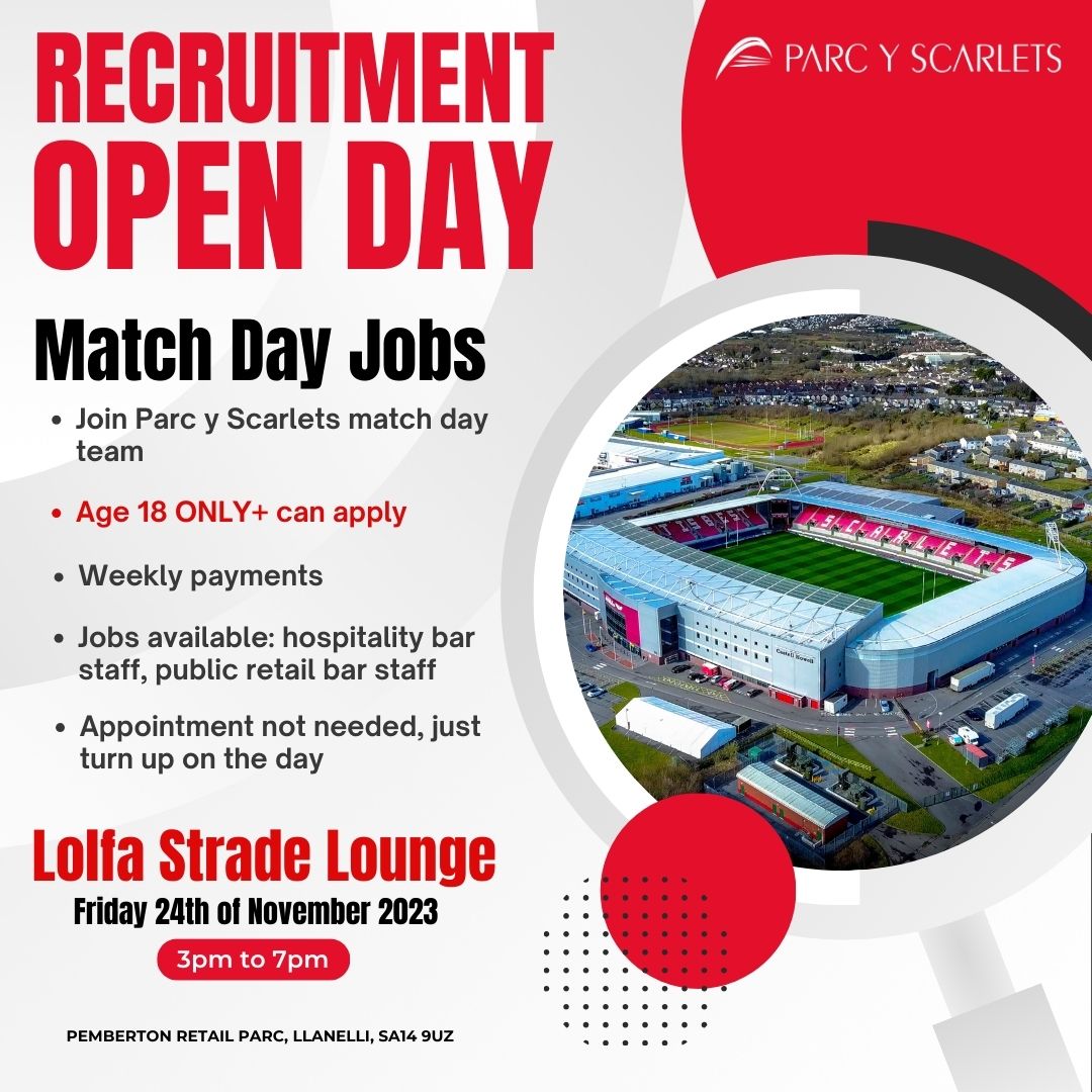 RECRUITMENT DAY THIS FRIDAY 📆 We're on the hunt for passionate and hardworking individuals to join our team. 👋 Come and meet us on November 24th, we'll be in the Strade Lounge from 3pm-7pm. For more information email reception@scarlets.wales or call 01554 783900.