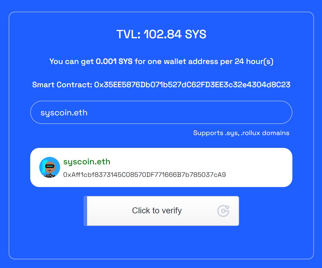 SNS.sys ๐ค SNS.rollux (@syscoindomains) on Twitter photo ๐ฅBig news! Our Faucet Tool is now integrated with <a href="/ensdomains/">ens.eth</a> 
โSay goodbye to long wallet addresses & enter .eth for a seamless experience.
โ
Check it out:๐
โก๏ธRollux: rollux.id/faucet
โก๏ธNevm: rollux.id/faucet-nevm
<a href="/RolluxL2/">ROLLUX</a> <a href="/syscoin/">Syscoin</a> #sysdomains ๐ฅBig news! Our Faucet Tool is now integrated with <a href="/ensdomains/">ens.eth</a> 
โSay goodbye to long wallet addresses & enter .eth for a seamless experience.
โ
Check it out:๐
โก๏ธRollux: rollux.id/faucet
โก๏ธNevm: rollux.id/faucet-nevm
<a href="/RolluxL2/">ROLLUX</a> <a href="/syscoin/">Syscoin</a> #sysdomains
