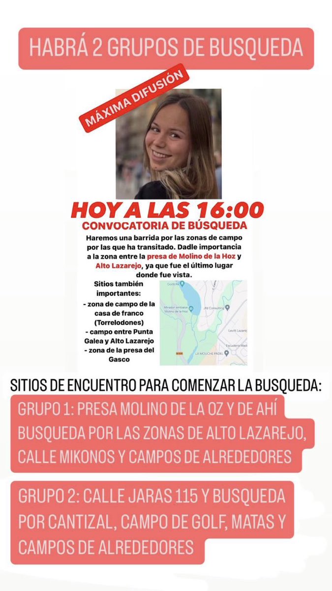 SrSpinola's tweet photo. #LasRozas

Ahora mismo unidades de montaña y buzos de @guardiacivil peinando la zona

Esta tarde a las 16.00 pm se formarán dos grupos de búsqueda vecinales

El primero saldrá desde la presa #MolinodelaHoz, el segundo desde la calle Jaras 115

Cuantos más vecinos seamos mejor👇 https://t.co/QZx3BIysMX