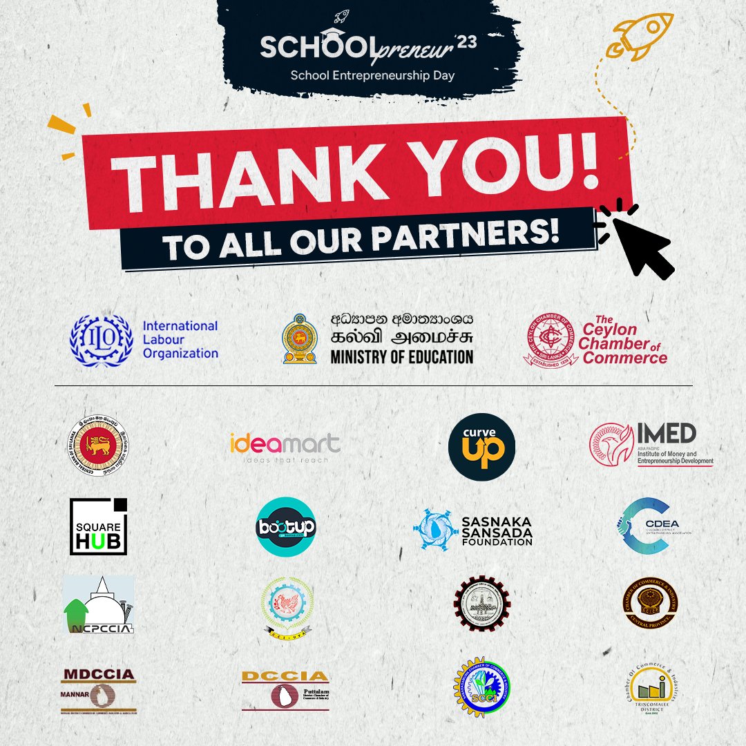 Thank you for being the catalysts of change, for investing in the dreams of young entrepreneurs, and for helping us shape a brighter tomorrow. 

Organized by @CeylonChamber, in partnership with Ministry of Education, Sri Lanka and @ilo 

#Schoolpreneur23 #StudentEntrepreneurship